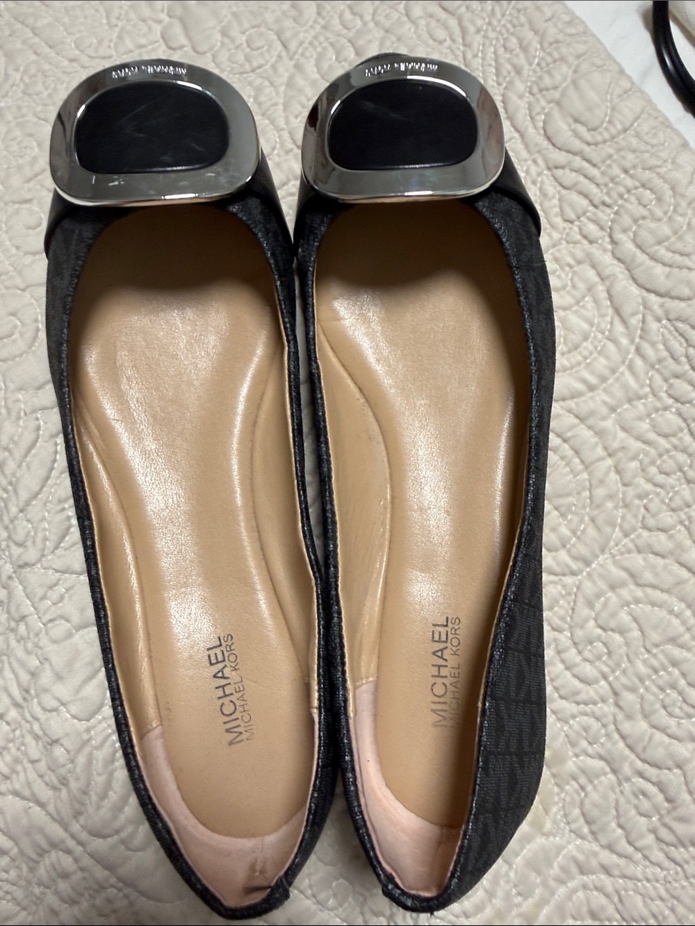 MICHAEL Michael Kors Black Logo Ballet Flats with Silver Accent